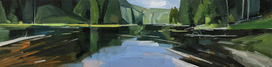 Artistic depiction of a lake with trees and a dock