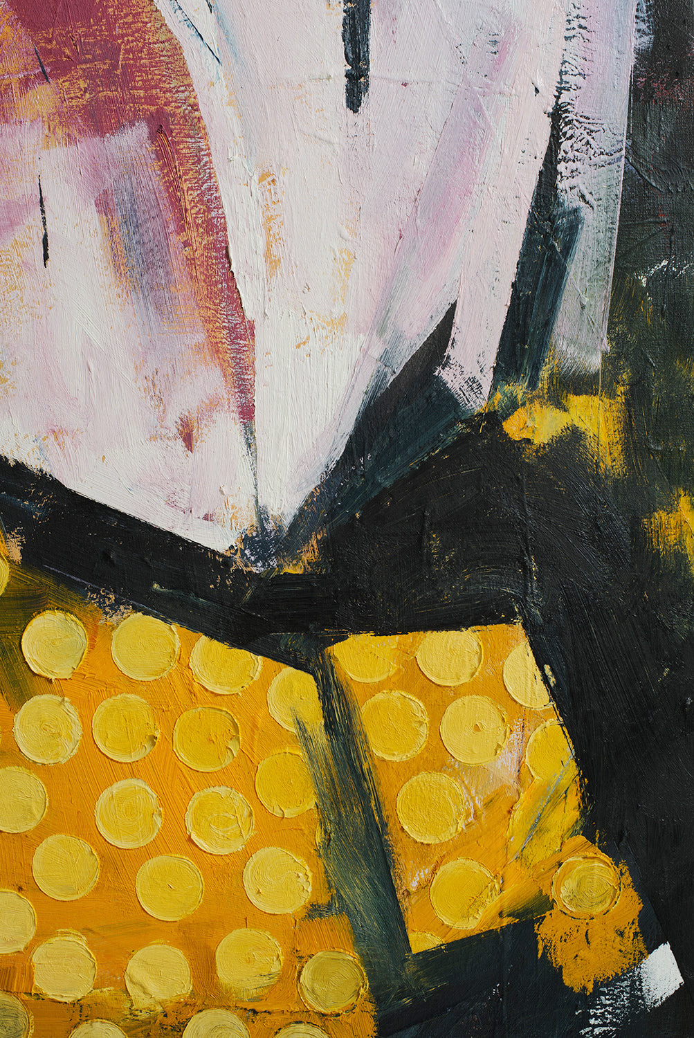 detail of abstract art piece with yellow circles, black, and white.