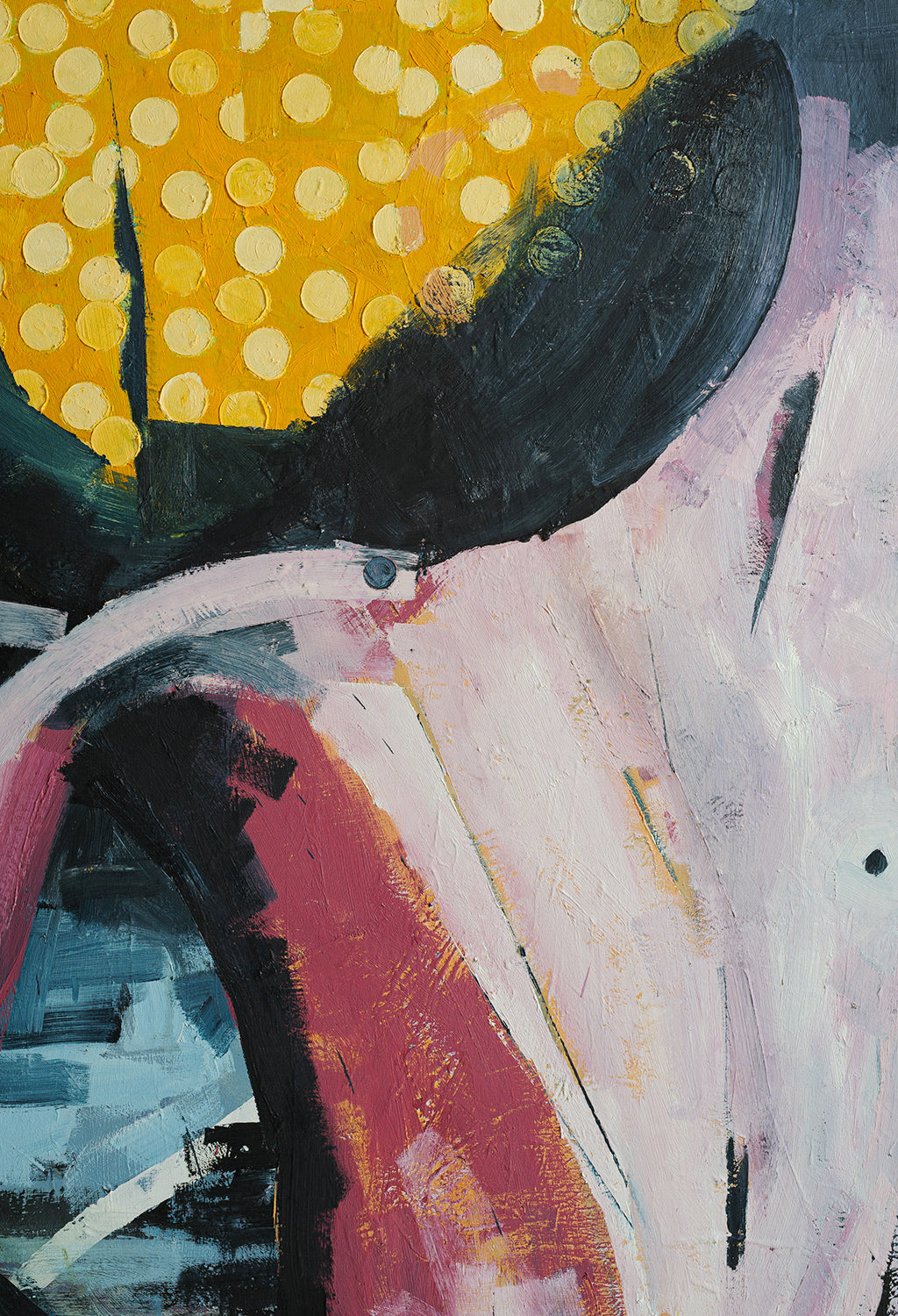 detail of abstract paintingwith a large black shape, yellow dots, and multicolored background.